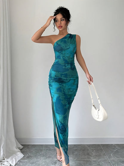 Elegant One-Shoulder Floral Print Sleeveless Maxi Dress with Side Slit - Teal Blue, Ruched Detail, High Stretch Polyester for Summer Formality, Floral Print Dress