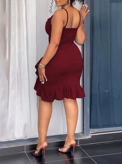 Women'S Elegant Solid Color Spaghetti Strap Bodycon Dress with Ruffle Hem and Back Zipper - Perfect for Vacation and All Seasons, Adult Fashion, Vacation Attire | Ruffle Hem Dress | Back Zipper Dress