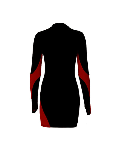 Women'S Mini Bodycon Sheath Dress, Solid Color, Stand Collar, Long Sleeve, Straight Hem, Contrast Mesh, Polyester, for Spring/Summer