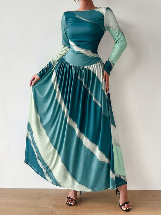 Chic Women's Long Sleeve Maxi Dress with Unique Print - Casual, Stretchy Polyester Blend, Machine Washable - Perfect for All Seasons
