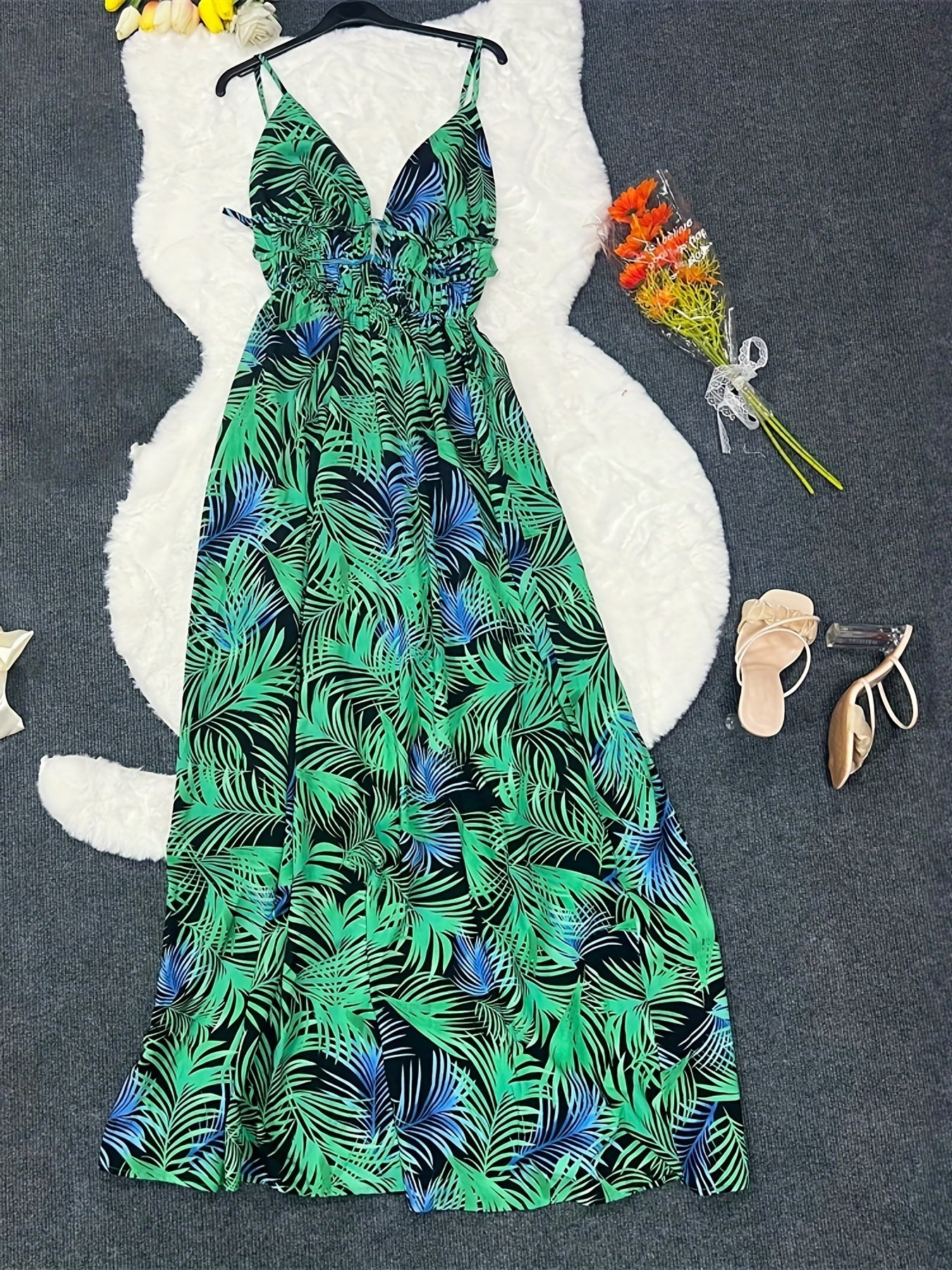 Vibrant Tropical Print Halter Neck Maxi Dress - Flattering Sleeveless Design, Perfect Vacation Essential for Women