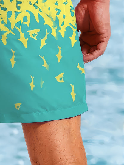 Men'S Beach Shorts Featuring a Colorful 3D Print Design of a Small Shark, Quick-Drying Drawstring Swim Trunks Suitable for Summer Outdoor Activities, Beach Vacations, Swimming, And Surfing (Middle East).