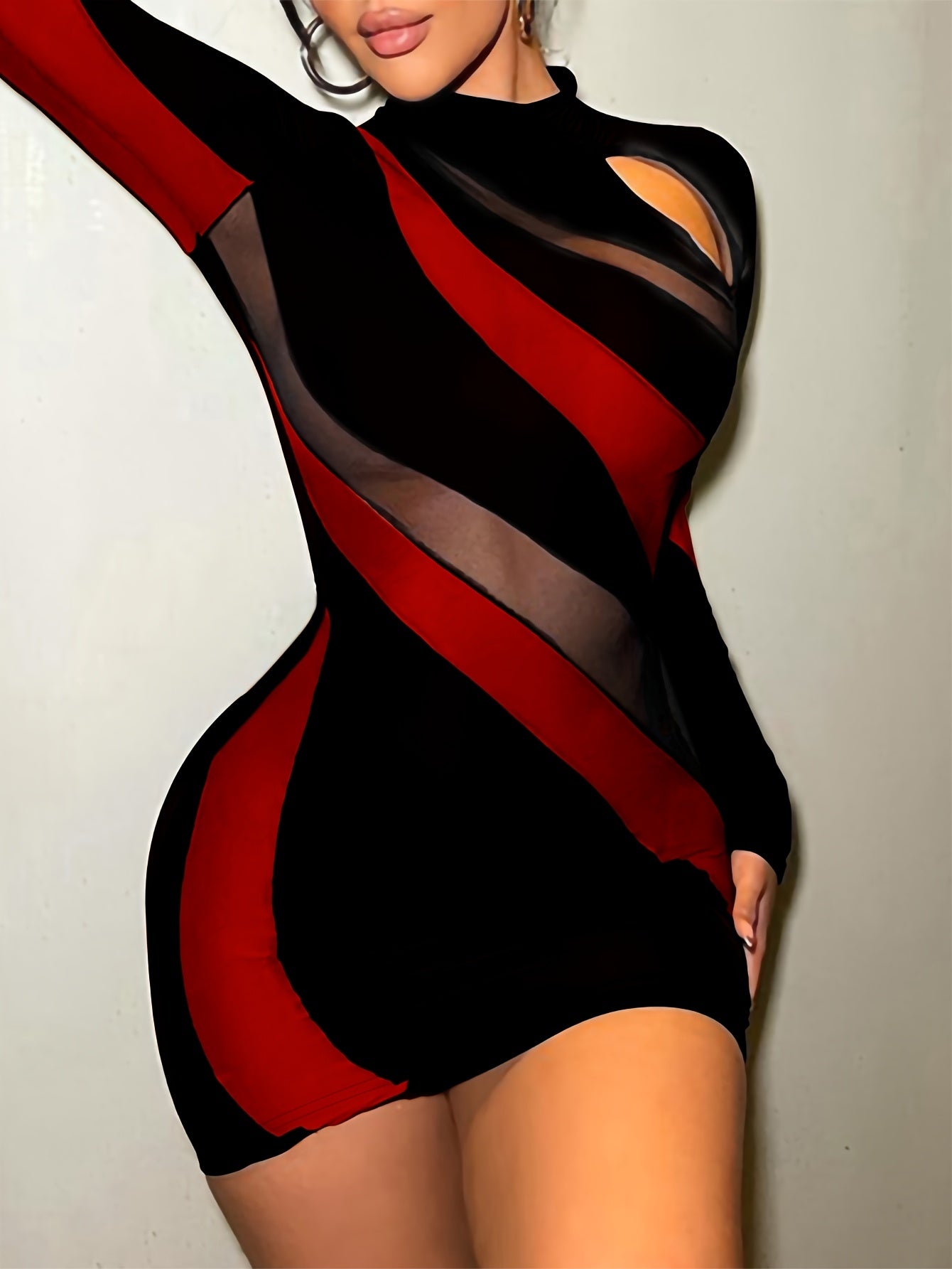 Women'S Mini Bodycon Sheath Dress, Solid Color, Stand Collar, Long Sleeve, Straight Hem, Contrast Mesh, Polyester, for Spring/Summer