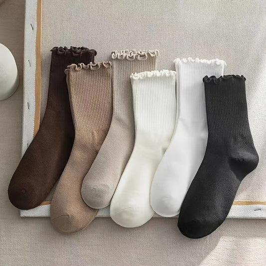 6 Pairs Women's Solid Color Mid-Calf Socks with Ruffled Trim - Soft Stackable Ribbed Texture, 6 Neutral Tones for Casual & Formal Outfits, Comfortable Casual Attire, Cute Socks, Elegant Sock Design