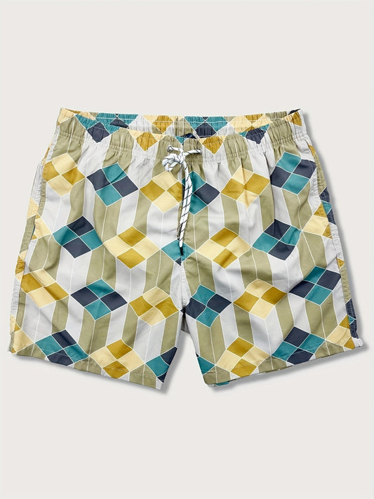Men's Quick-Dry Swim Trunks with Geometric Pattern - Stylish Drawstring Beach Shorts, Polyester, Machine Washable, in Blue/White/Gray for Surfing & Water Sports