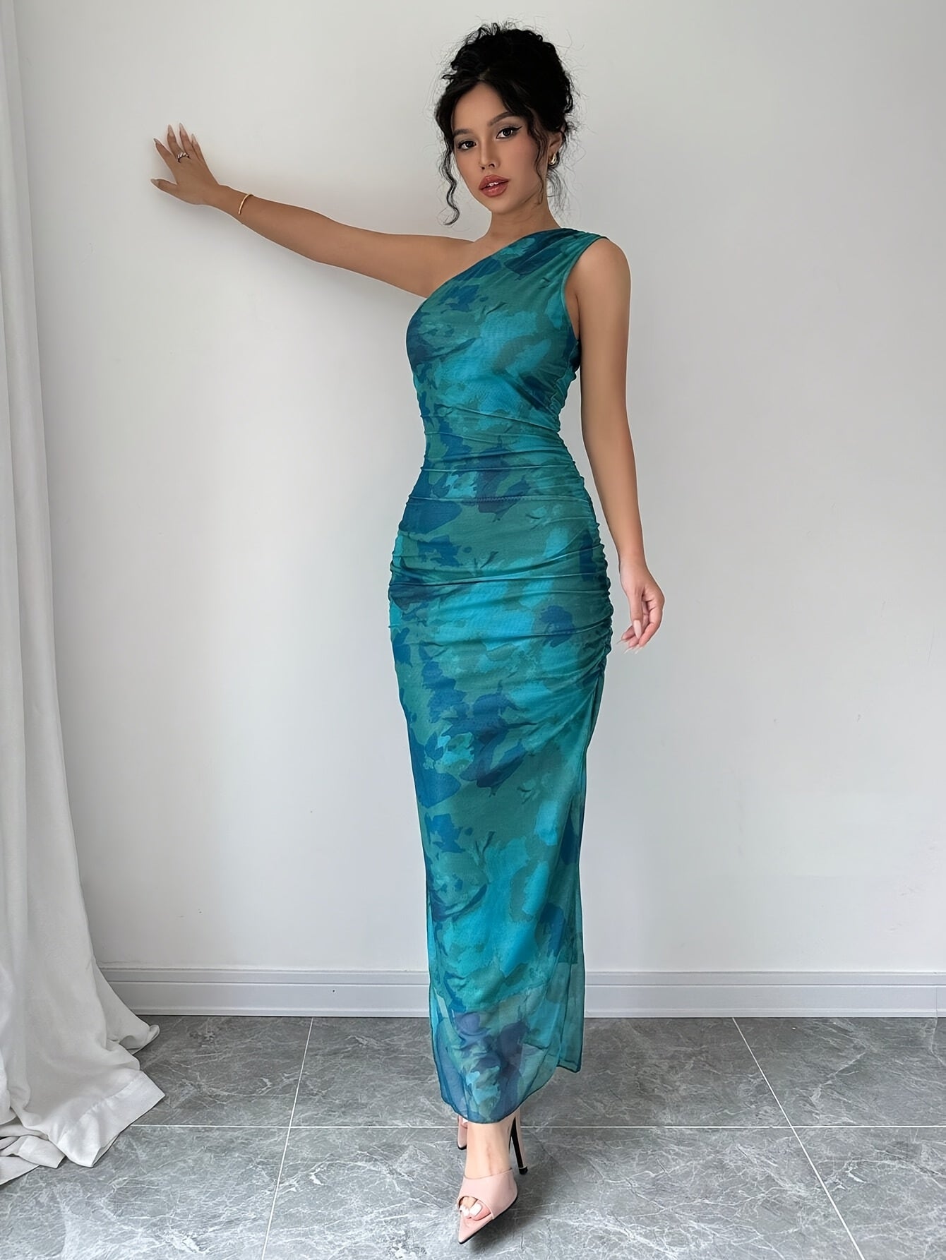 Elegant One-Shoulder Floral Print Sleeveless Maxi Dress with Side Slit - Teal Blue, Ruched Detail, High Stretch Polyester for Summer Formality, Floral Print Dress