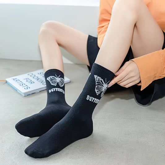 3/5/6 Pairs Women'S Knee-Length Socks, Butterfly Pattern, Black and White, Polyester 95% Spandex 5%, Anti-Odor, Cartoon Style, Knit Fabric, 300g/m², Hand Wash/Dry Clean - Trendy All-Match Long Socks for All Seasons