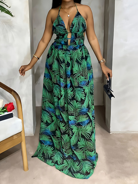 Vibrant Tropical Print Halter Neck Maxi Dress - Flattering Sleeveless Design, Perfect Vacation Essential for Women