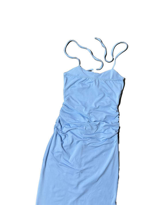 Elegant Blue Halter Neck Bodycon Maxi Dress for Women - Sexy Backless Design with Split Detail, Perfect for All Seasons