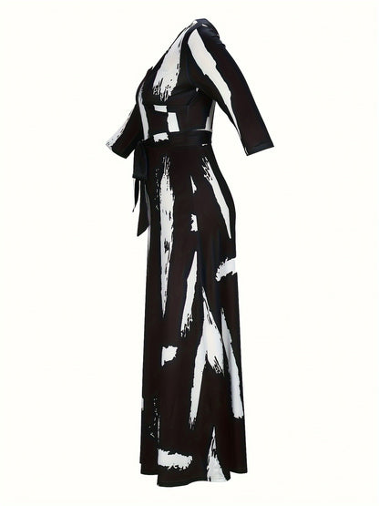 Elegant V-Neck Women's Maxi Dress with Belt - Mid-Sleeve, Printed Design, Machine Washable - Perfect for Spring & Summer