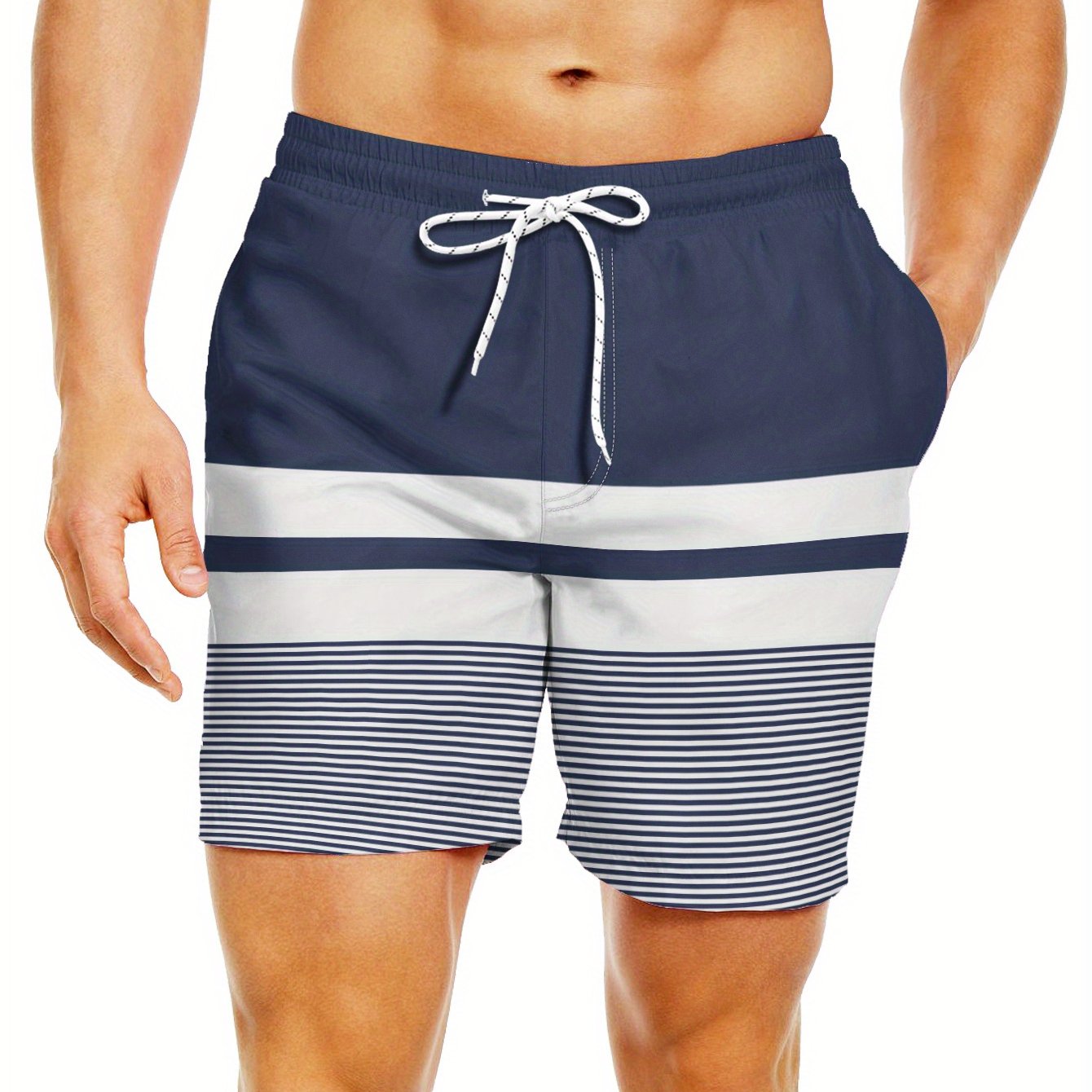 Men'S Fashion Drawstring Beach Shorts with Pockets - Casual Striped & Solid Color Block Design, Non-Stretch Fabric, Perfect for Pool Parties & Vacation