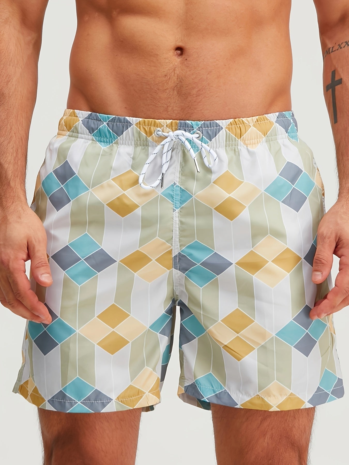 Men's Quick-Dry Swim Trunks with Geometric Pattern - Stylish Drawstring Beach Shorts, Polyester, Machine Washable, in Blue/White/Gray for Surfing & Water Sports