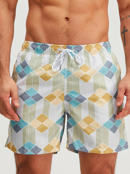 Men's Quick-Dry Swim Trunks with Geometric Pattern - Stylish Drawstring Beach Shorts, Polyester, Machine Washable, in Blue/White/Gray for Surfing & Water Sports