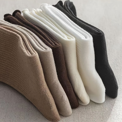 6 Pairs Women's Solid Color Mid-Calf Socks with Ruffled Trim - Soft Stackable Ribbed Texture, 6 Neutral Tones for Casual & Formal Outfits, Comfortable Casual Attire, Cute Socks, Elegant Sock Design