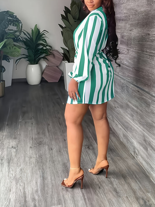 Chic Green & White Striped V-Neck Dress - Casual Long Sleeve A-Line Mini with Tie Waist Detail, Easy Care Polyester Blend, Perfect for Spring/Fall Fashion