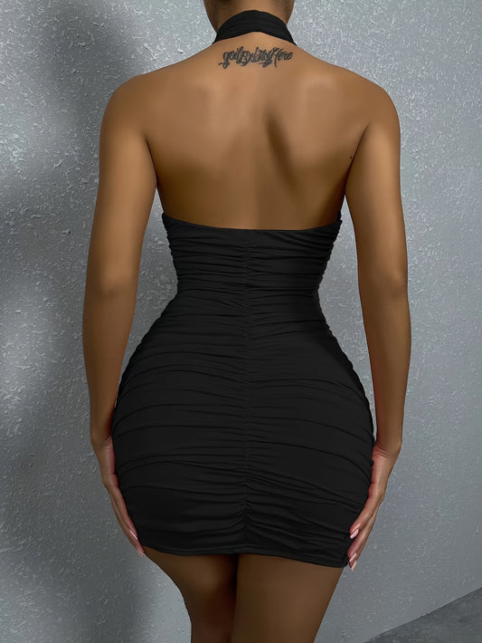 Sexy Backless Halter Mini Dress with Ruched Detail - High Stretch, Bodycon Fit for Women