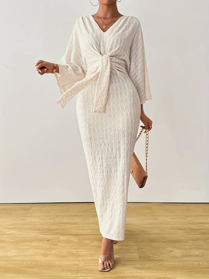 Elegant White V-Neck Long Sleeve Maxi Dress with Tie Front & Side Slit - Casual Women’s Dress for Spring/Summer/Fall, Machine Washable