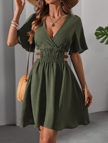 [Elegant Military Dress] Elegant V-Neck Women's Short-Sleeve Fitted Military-Style Short Dress, 2025 Spring/Summer New Collection