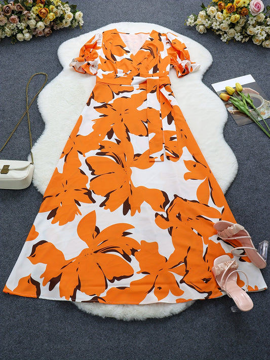 Women'S Casual V-Neck Printed Maxi Dress, Polyester 100% Woven Fabric, 120g/m², Spring/Summer/Fall A-Line Swing Dress with Belt Detail