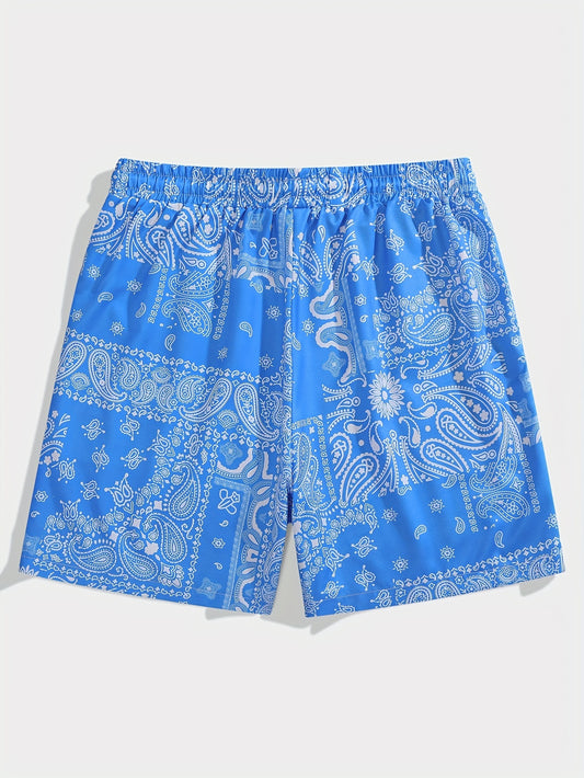 Men's Trendy Paisley Pattern Print Active Shorts, Drawstring Beach Shorts For Summer Beach Resort, Hawaiian Shorts