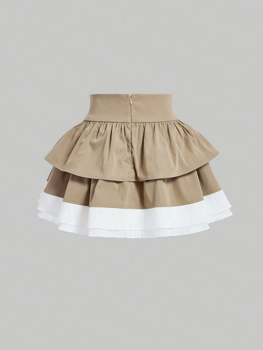 Women's Color Block Patchwork Skirt - Lace-Up Waist, Asymmetrical Hem, Multi-Layered, Fashion Layered Design