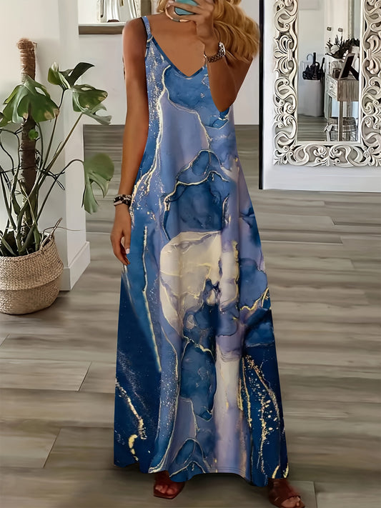 Women's Summer Maxi Dress - Gradient Geometric Print, Sleeveless V-Neck with Shoulder Cutouts, Casual Polyester Knit for Everyday & Holiday Wear