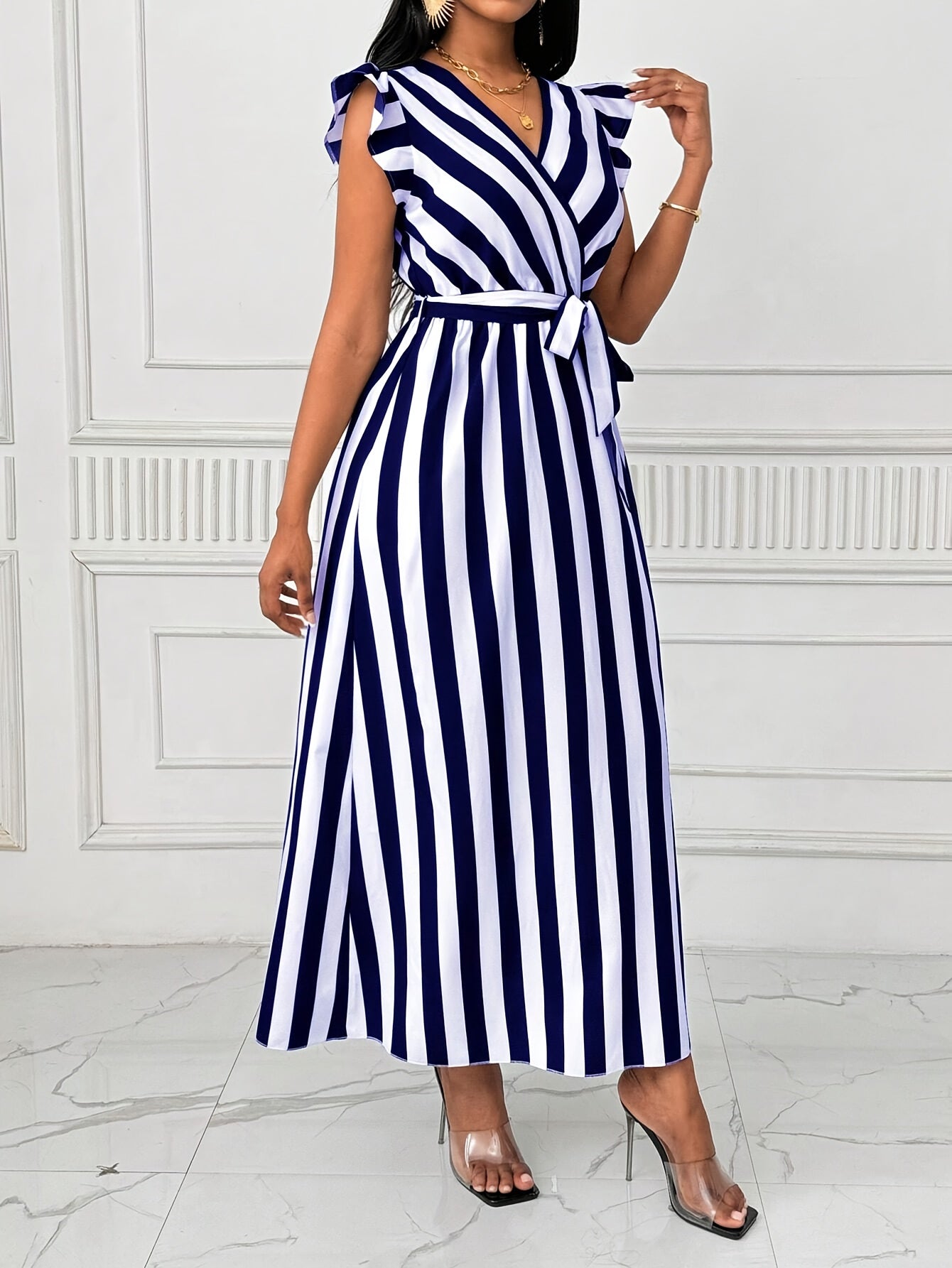 Women's V-Neck Striped Maxi Dress | Polyester A-Line with Ruffle Sleeves and Tie Waist Belt | All-Season, Machine Washable | Elegant Blue & White Vertical Stripes | Casual to Formal Wear