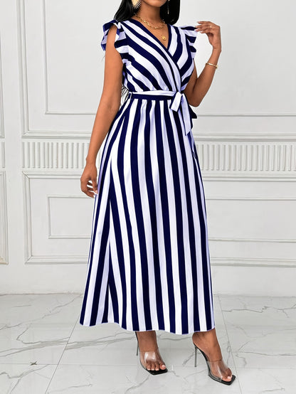 Women's V-Neck Striped Maxi Dress | Polyester A-Line with Ruffle Sleeves and Tie Waist Belt | All-Season, Machine Washable | Elegant Blue & White Vertical Stripes | Casual to Formal Wear