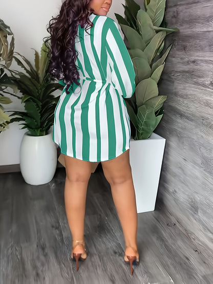 Chic Green & White Striped V-Neck Dress - Casual Long Sleeve A-Line Mini with Tie Waist Detail, Easy Care Polyester Blend, Perfect for Spring/Fall Fashion