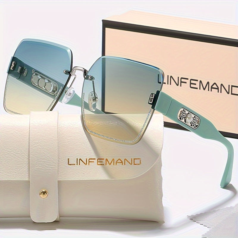 LINFEMAND Frameless Gradient Fashion Eyeglasses, Pearl Flower Decoration, PC Polycarbonate Lens, Plastic Frame, with Case, for Men, Women, Summer, Festival Gift