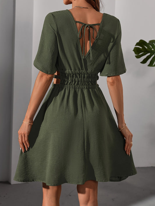 [Elegant Military Dress] Elegant V-Neck Women's Short-Sleeve Fitted Military-Style Short Dress, 2025 Spring/Summer New Collection