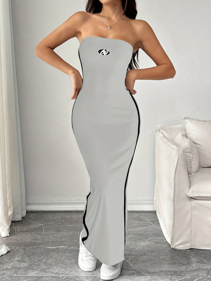 Color Block Striped Tube Dress, Elegant Backless Strapless Maxi Dress For Spring & Summer, Women's Clothing
