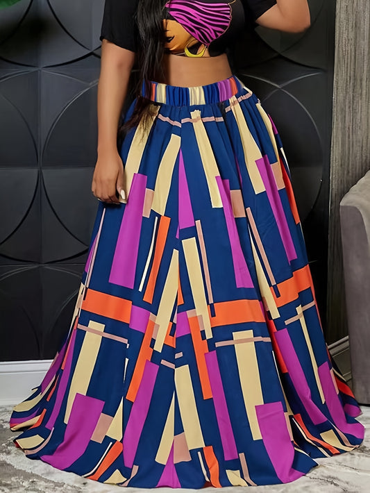 Elegant Geometric Digital Print Zipper Midi Skirt - Vibrant Abstract Design in Blue, Green, Orange & Pink, High-Waisted A-Line Skirt for Women, Perfect for Spring/Summer/Fall, Casual Summer Wear | Vibrant Skirt | Digital Prin