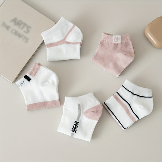 5 Pairs of Women's Summer Short Socks, Striped Breathable Color-Mixing Boat Socks, Pink Fresh Women's Socks