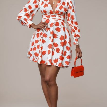 Sweet and Stylish Dress Deep V-Neck Floral Print Mini A-Line Women's Summer Long Sleeve Outfit