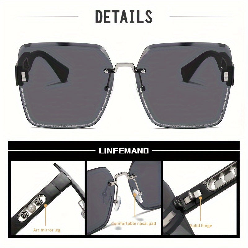 LINFEMAND Frameless Gradient Fashion Eyeglasses, Pearl Flower Decoration, PC Polycarbonate Lens, Plastic Frame, with Case, for Men, Women, Summer, Festival Gift
