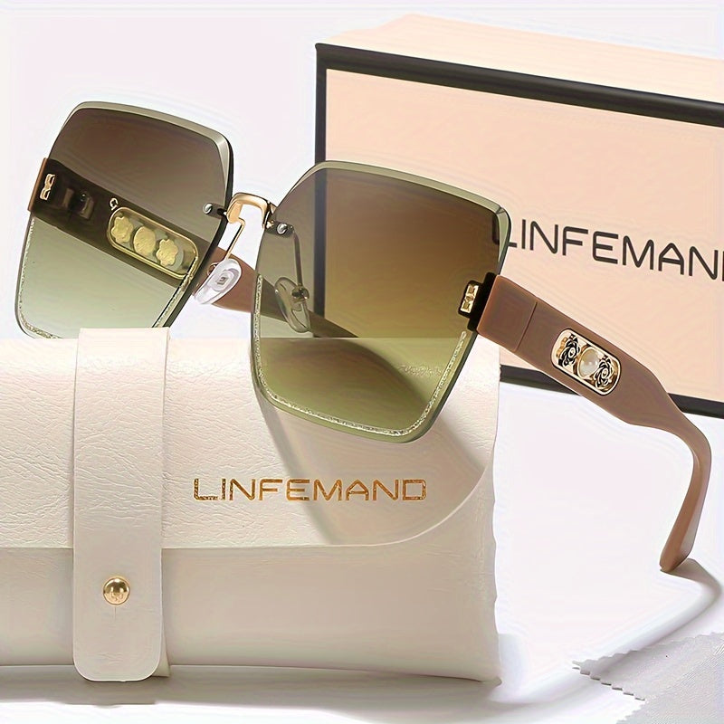 LINFEMAND Frameless Gradient Fashion Eyeglasses, Pearl Flower Decoration, PC Polycarbonate Lens, Plastic Frame, with Case, for Men, Women, Summer, Festival Gift