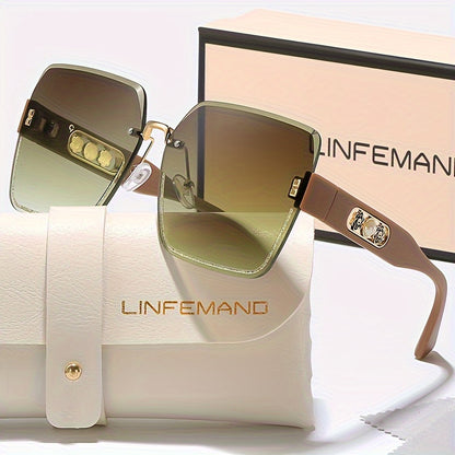 LINFEMAND Frameless Gradient Fashion Eyeglasses, Pearl Flower Decoration, PC Polycarbonate Lens, Plastic Frame, with Case, for Men, Women, Summer, Festival Gift
