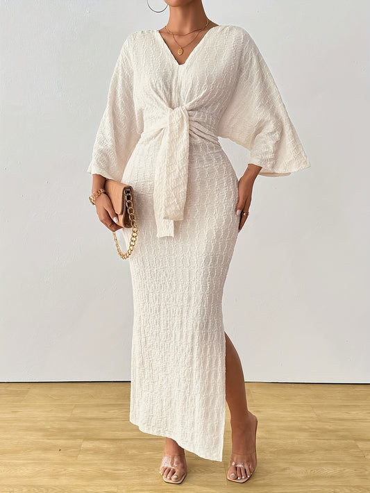 Elegant White V-Neck Long Sleeve Maxi Dress with Tie Front & Side Slit - Casual Women’s Dress for Spring/Summer/Fall, Machine Washable