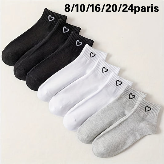 8 Pairs Women's Ankle Socks - Cute Heart Design, Breathable Anti-Odor, Black/White/Grey, Japanese-Inspired Casual Socks for Casual Attire, Machine Washable, Cute Socks, Minimalist Design, Antiodor Technology