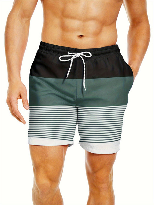 Men'S Fashion Drawstring Beach Shorts with Pockets - Casual Striped & Solid Color Block Design, Non-Stretch Fabric, Perfect for Pool Parties & Vacation