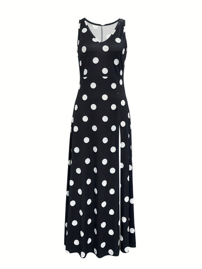 Elegant Black Polka Dot V-Neck Maxi Dress for Women - Sleeveless, Cinched Waist, High-Low Hem, Machine Washable, Spring/Summer/Fall Fashion, Formal Summer Dress | Cinched Waist Dress | Sophisticated Look