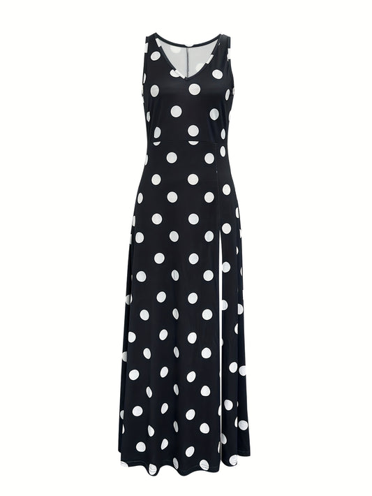 Elegant Black Polka Dot V-Neck Maxi Dress for Women - Sleeveless, Cinched Waist, High-Low Hem, Machine Washable, Spring/Summer/Fall Fashion, Formal Summer Dress | Cinched Waist Dress | Sophisticated Look