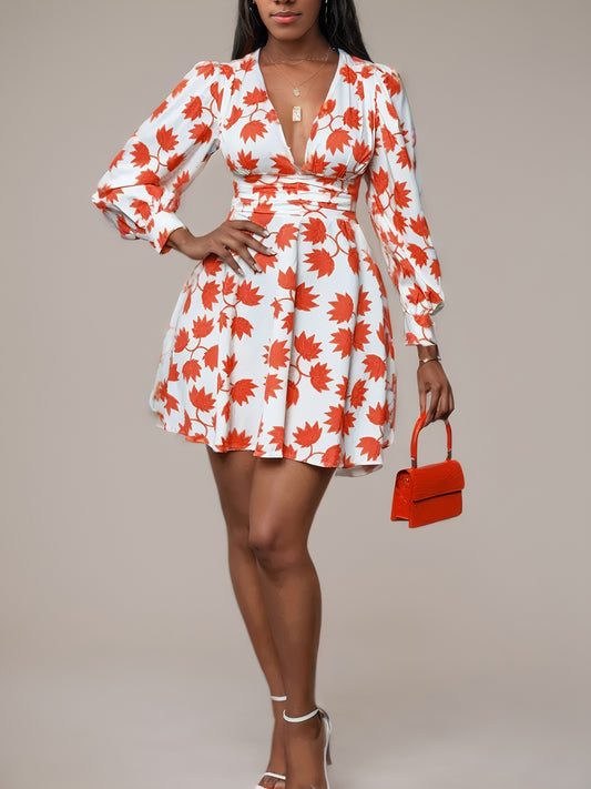 Sweet and Stylish Dress Deep V-Neck Floral Print Mini A-Line Women's Summer Long Sleeve Outfit
