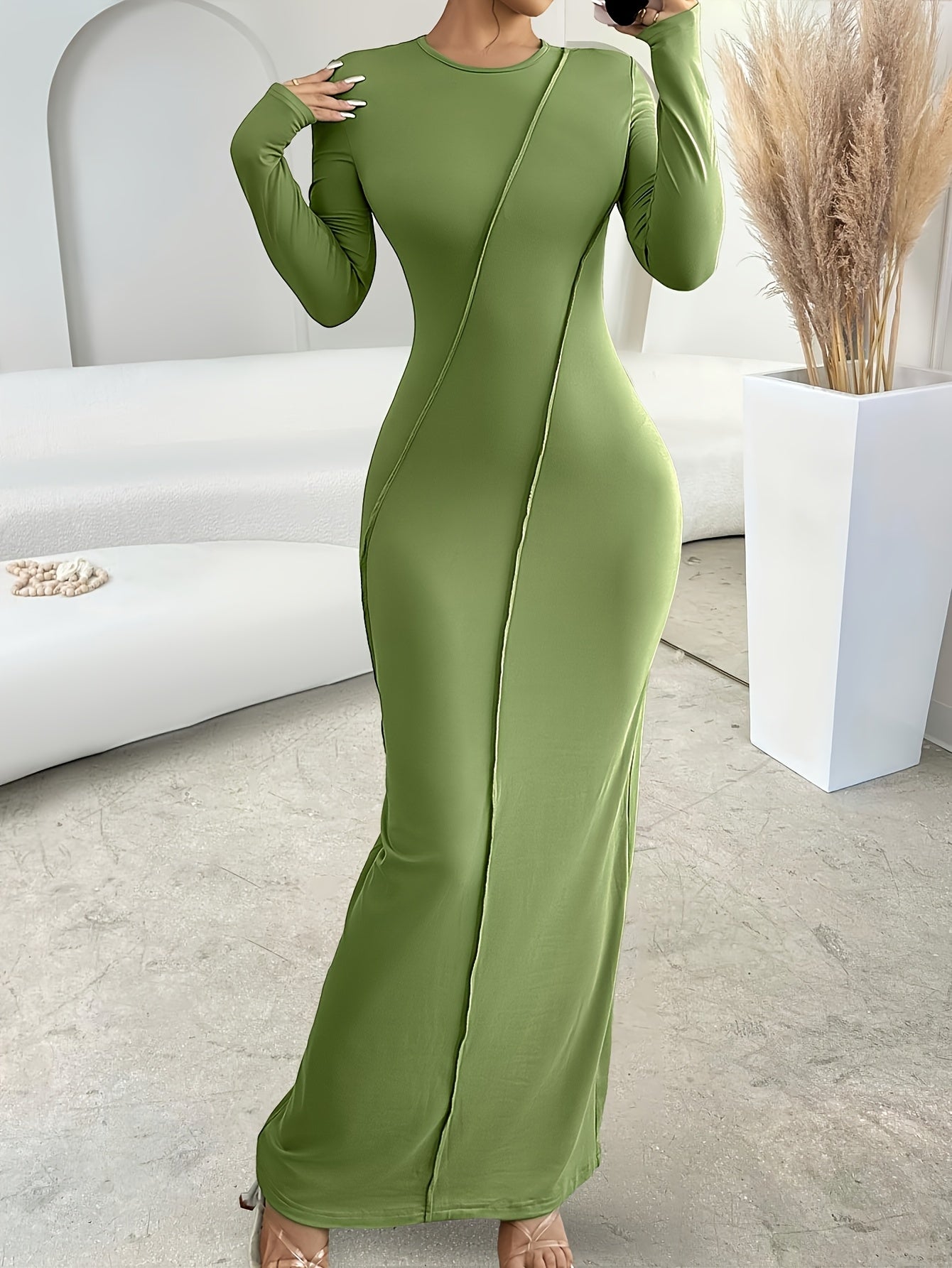 Elegant Green Long Sleeve Maxi Dress for Women - Slim Fit, Crew Neck with Zipper Detail, Stretch Polyester Fabric, Perfect for Fall, Machine Washable