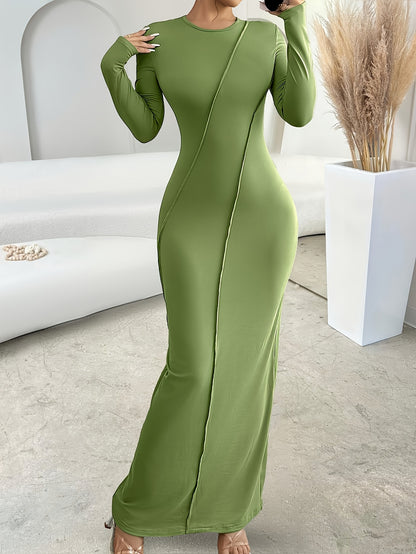 Elegant Green Long Sleeve Maxi Dress for Women - Slim Fit, Crew Neck with Zipper Detail, Stretch Polyester Fabric, Perfect for Fall, Machine Washable