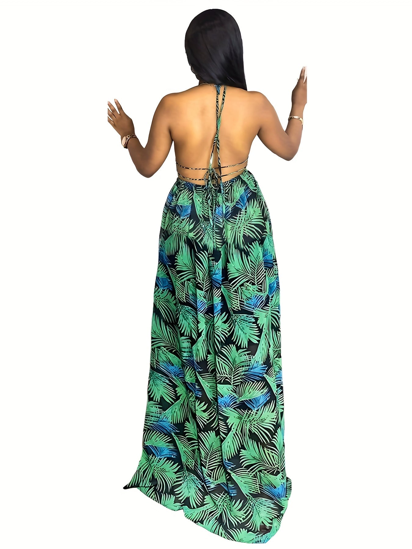 Vibrant Tropical Print Halter Neck Maxi Dress - Flattering Sleeveless Design, Perfect Vacation Essential for Women