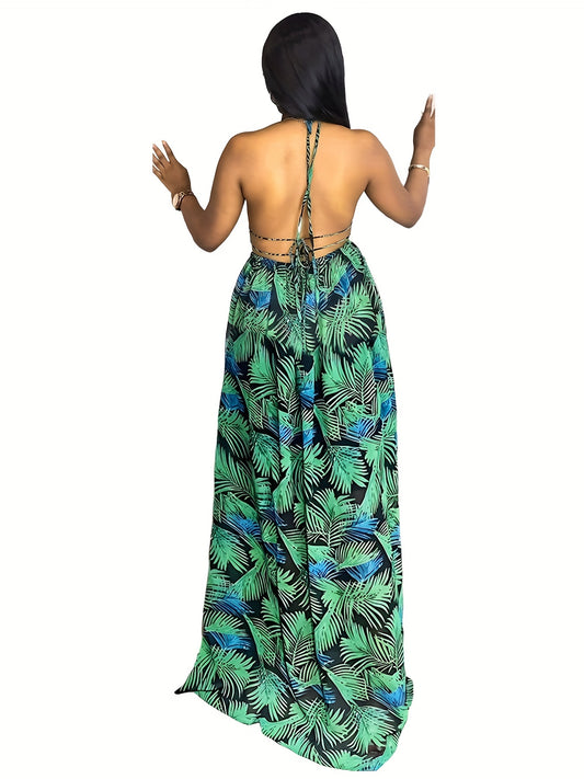 Vibrant Tropical Print Halter Neck Maxi Dress - Flattering Sleeveless Design, Perfect Vacation Essential for Women