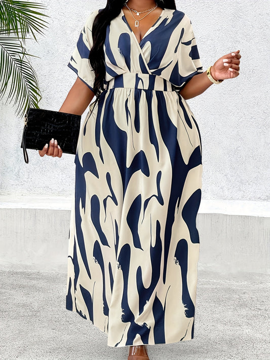 [Plus Size Maxi Dress] Plus Size V-Neck Elegant Maxi Dress for Women | Chic Geometric Pattern, Short Sleeve, Non-Stretch Polyester, Perfect for Fall, Casual Outing Attire